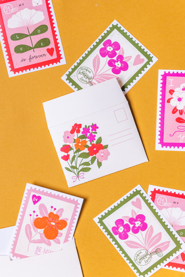 Valentine Stamp Cards &amp; Envelope by Josefina Schargorodsky, PDF Printable