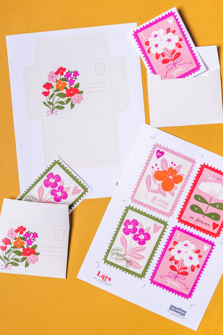 Valentine Stamp Cards &amp; Envelope by Josefina Schargorodsky, PDF Printable