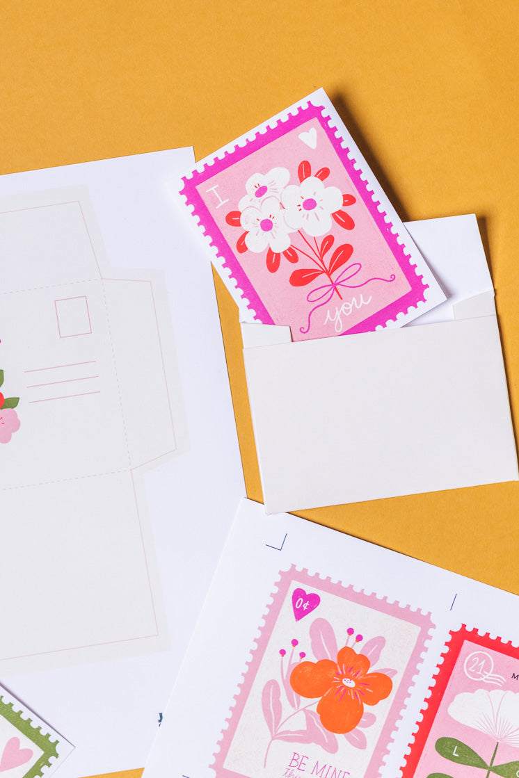 Valentine Stamp Cards &amp; Envelope by Josefina Schargorodsky, PDF Printable