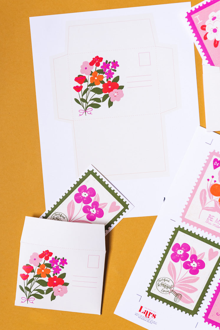 Valentine Stamp Cards &amp; Envelope by Josefina Schargorodsky, PDF Printable