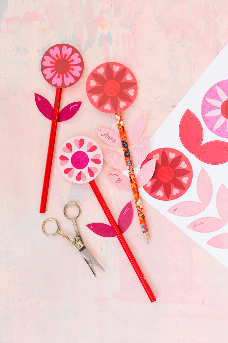 Flower Pencil Valentines, PDF Printable