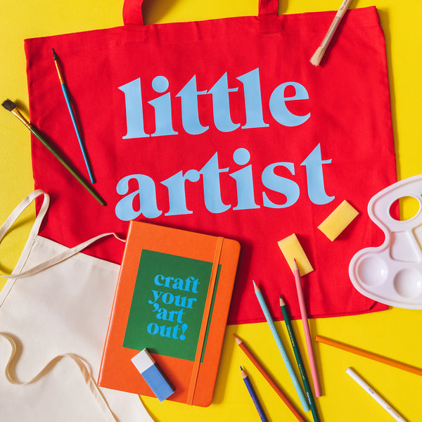 Art kits assembled for children. Includes a tote bag, notebook, craft and stencil brush kit, colored pencils and art palette. 