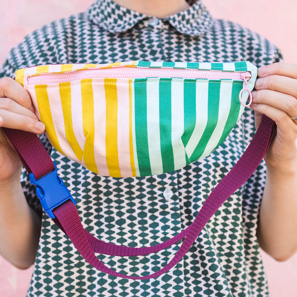 Fanny pack design made up of multicolor stripes