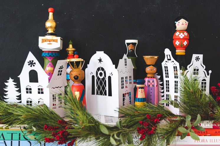 Paper-cut Accordion Winter Village, SVG &amp; PDF Template