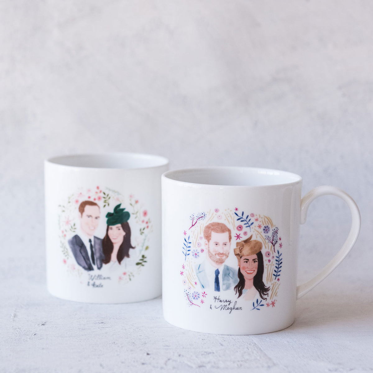 Mug set of Harry &amp; Meghan &amp; William &amp; Kate. Illustration of each couple surrounded by illustrations of flowers.