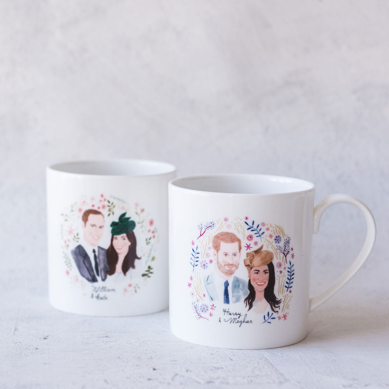 Mug set of Harry & Meghan & William & Kate. Illustration of each couple surrounded by illustrations of flowers.