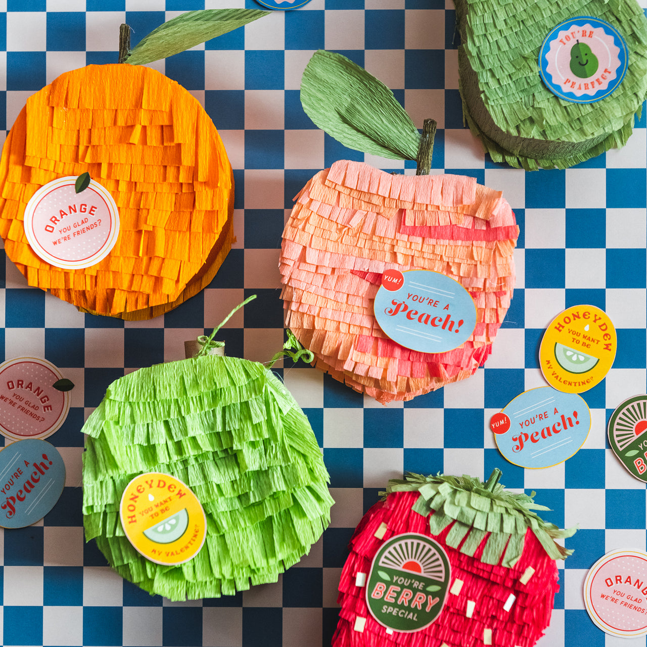 Valentine Fruit Piñatas & Stickers, PDF Printable & Template
